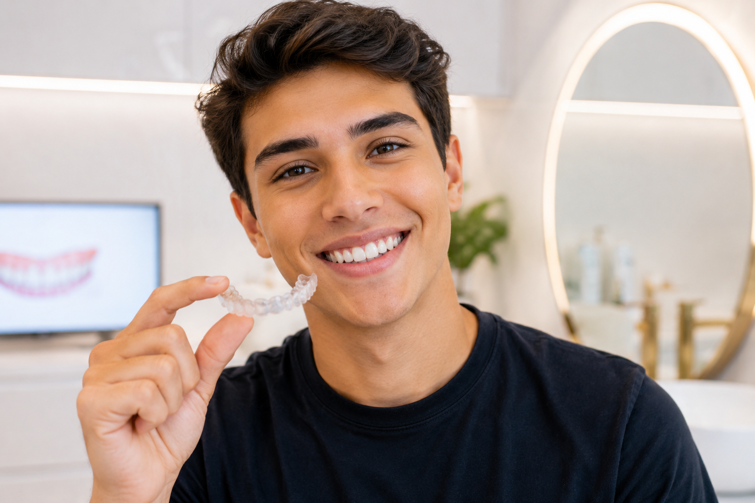 Paciente sorrindo com alinhador invisível