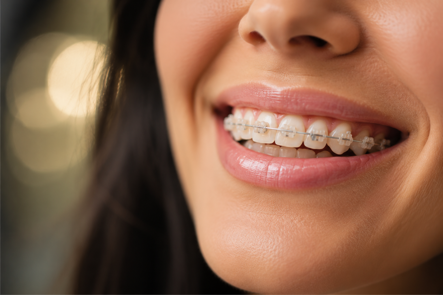 Paciente feliz usando aparelho dentário
