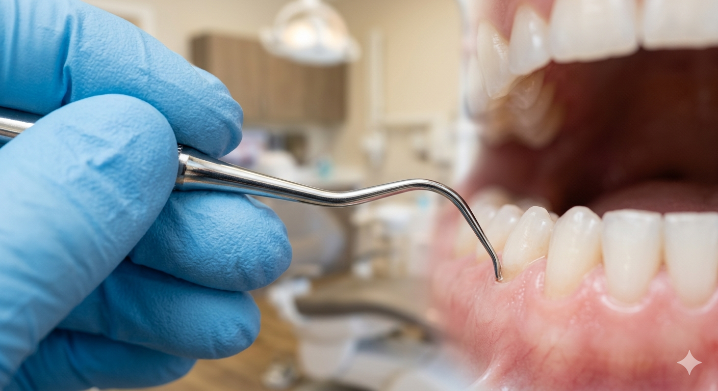 Dentista realizando tratamento periodontal com sonda na gengiva