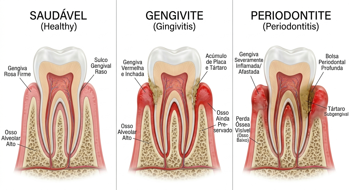 Ilustração mostrando a evolução de gengiva saudável para gengivite e periodontite